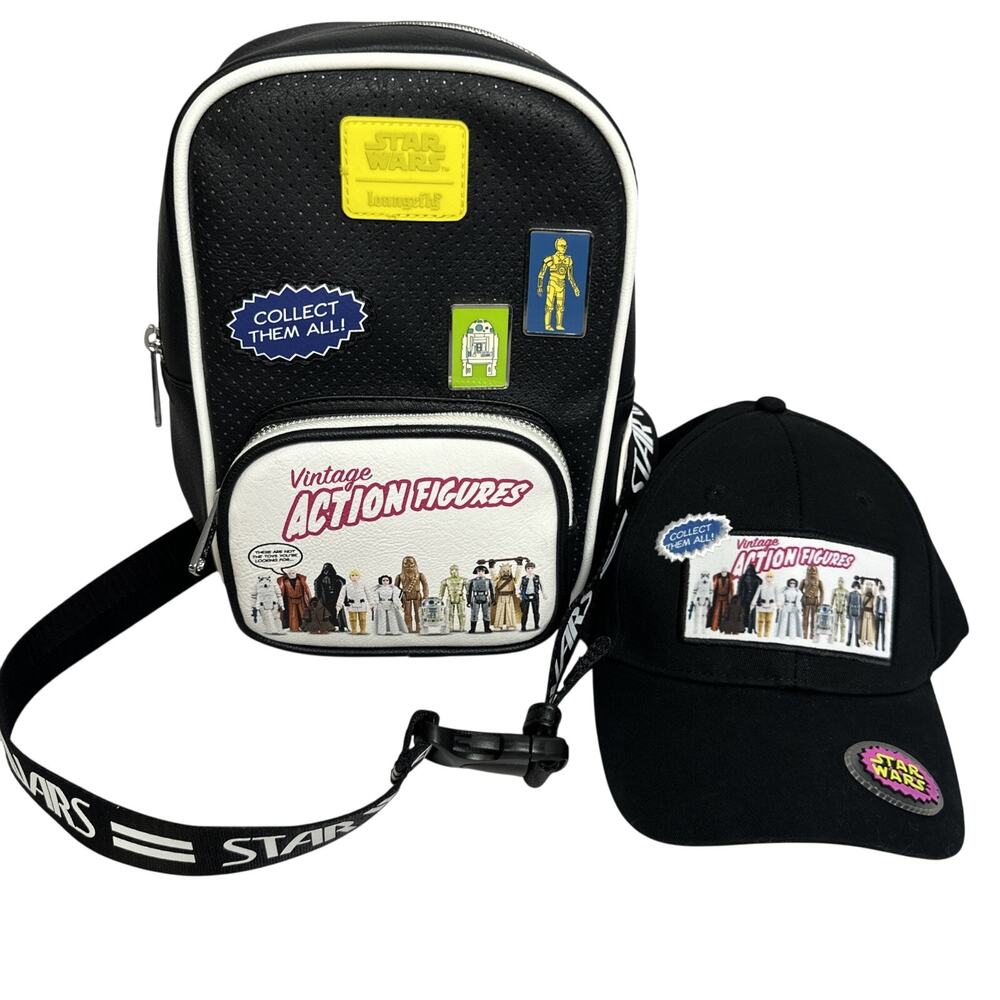 Disney Loungefly Star Wars Vintage Action Figures Crossbody Backpack and Hat